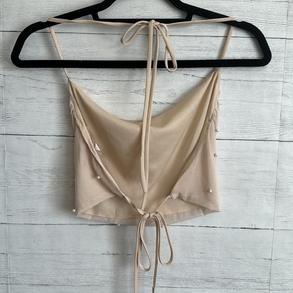 MistyRose Sheer Pearl Studs Open Back Crop Top | SIZE S - Picture 2 of 8